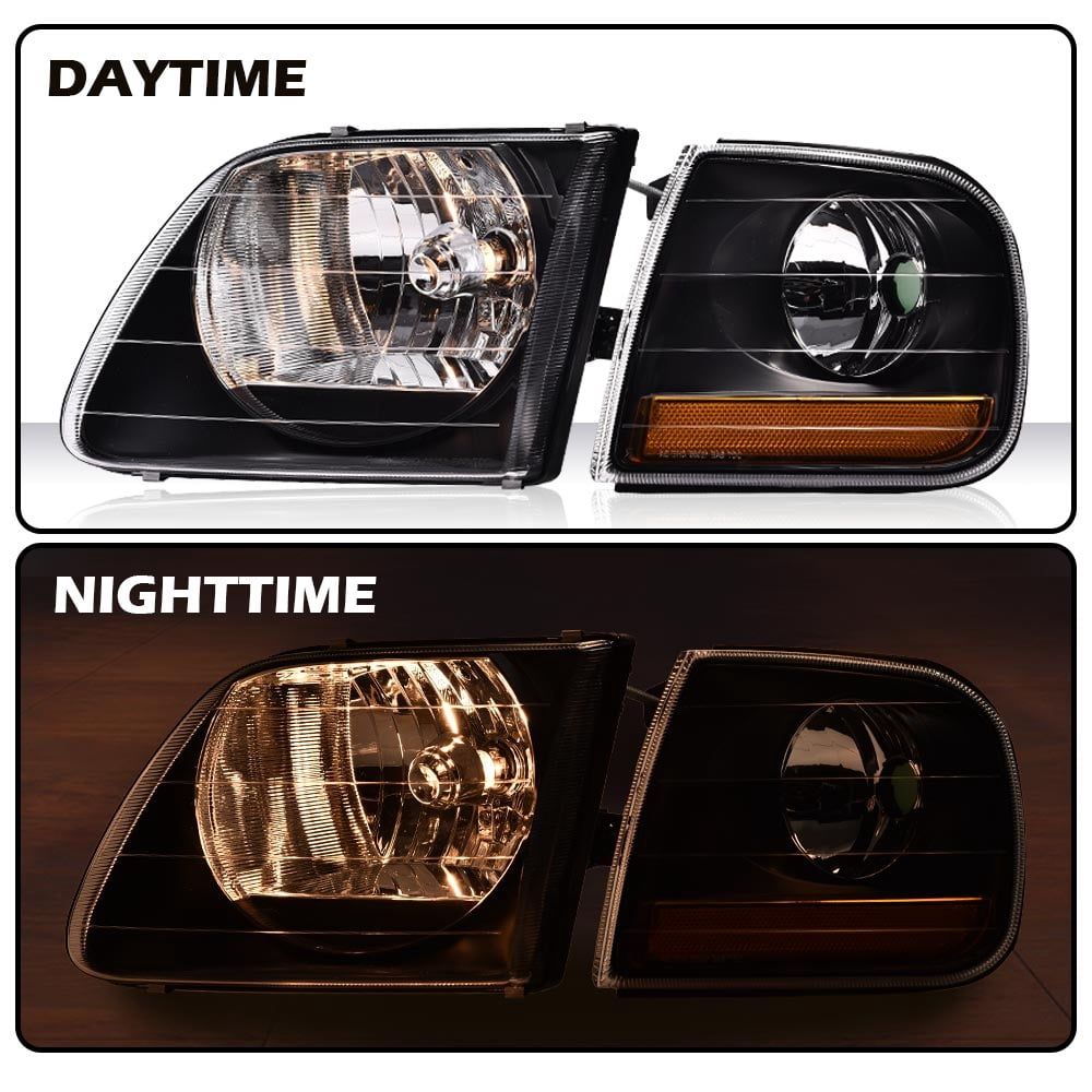 PIT66 Fit For 97-03 Ford F150/99-02 Expedition Black Headlights+Corner Lights 1Pair