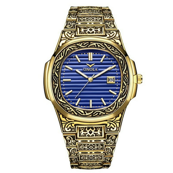 ONOLA ONOLA ON3808 Montre Rétro en Alliage pour Hommes avec Bracelet en Acier Étanche, Cadran Or-Bleu, Boîte de Montre Incluse