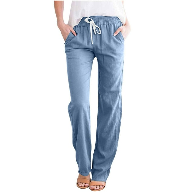 Cameland On Plus Size Pants,Women Cotton and Linen Solid Drawstring Elastic Waist Long Straight Pants