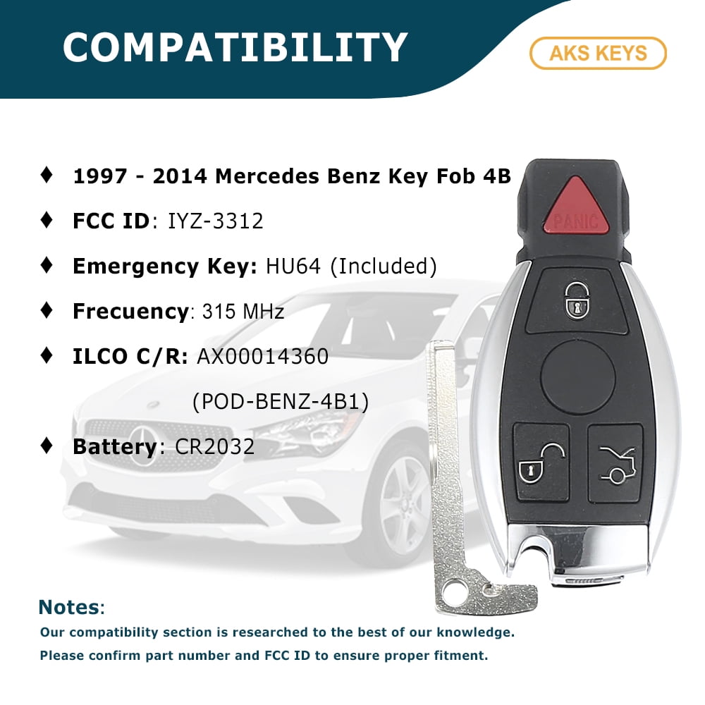 AKS KEYS Aftermarket Smart Key Fob for Mercedes Benz 1997-2014 FCC# IYZ-3312