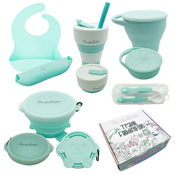 BrushinBella Baby Feeding Set - Collapsible Feeding Supplies for Travel - Food Grade Silicone Suction Baby Bowl, Baby Plate, Baby Bib, Baby Spoons First Stage - Cute Baby Eating Supplies Toddler Gift