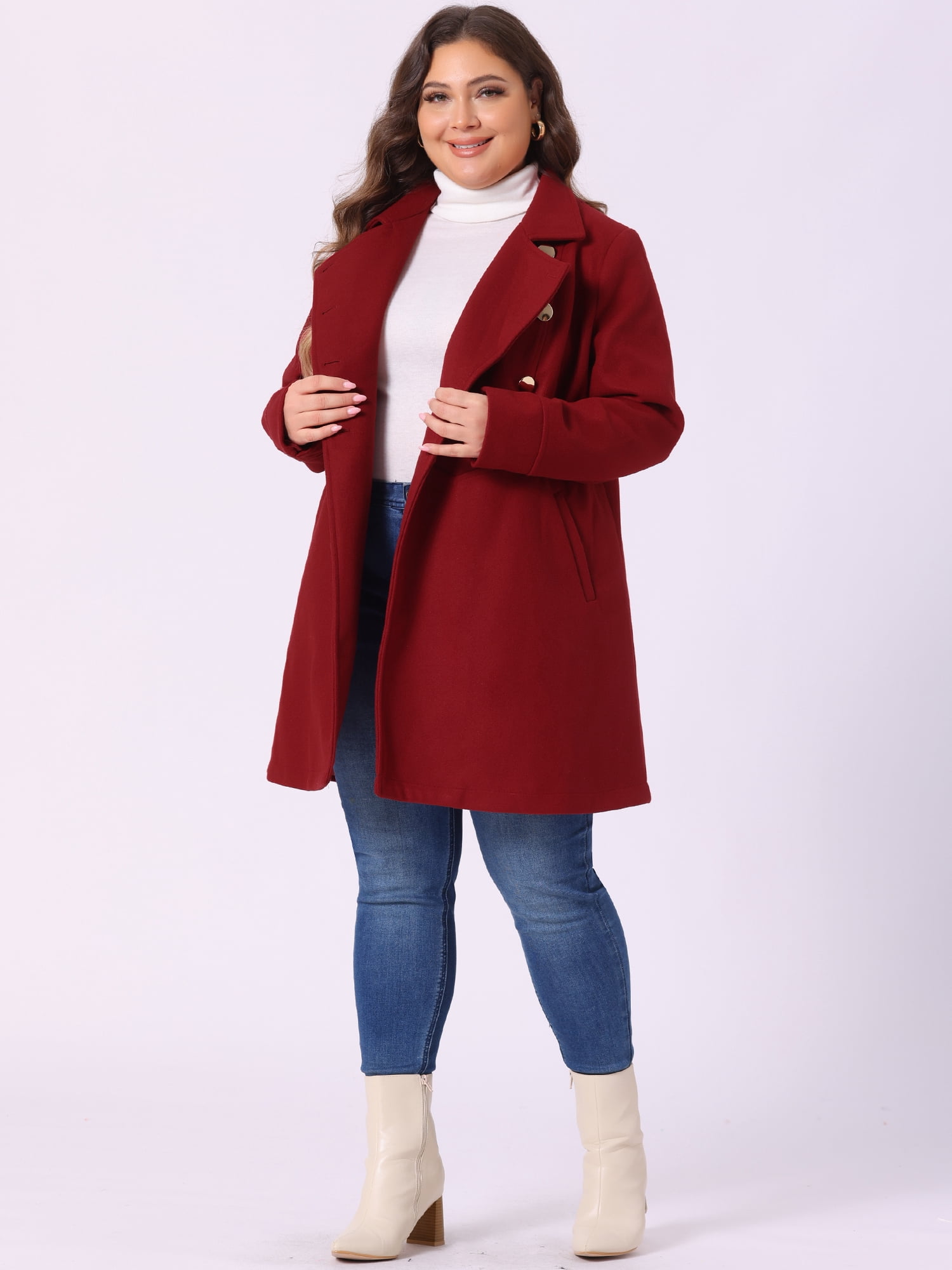 DARING DIVA Women's Plus Size Turn Down Collar Double Breasted A Line Coat 4X Dark Red