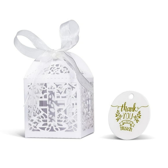 Elegant Laser Cut Baptism Favor Boxes - 50 Pack 2.2''x2.2'' Gift Boxes for Baby Showers, First Birthdays, and Christening Celebrations with Thank You Tags for Boys and Girls