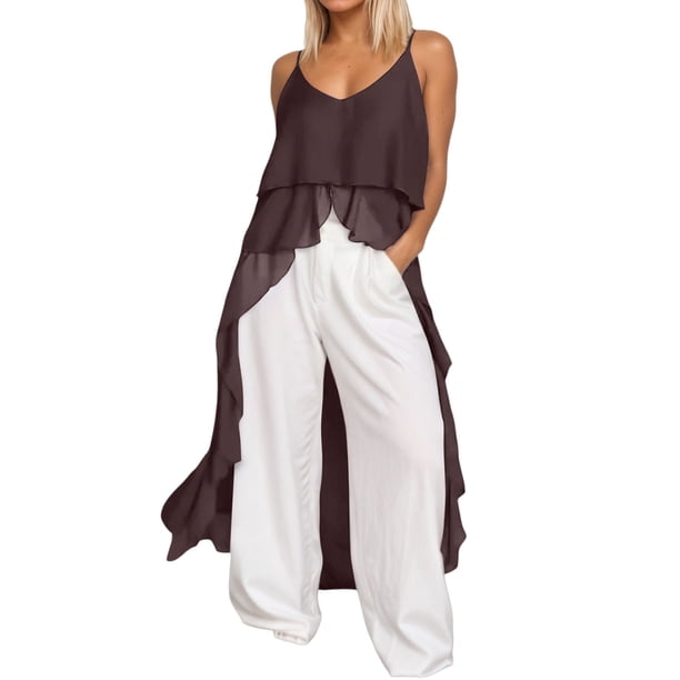 Vestido informal para mujer: cuello en V con volantes asimétricos, tirantes, ligero, de verano