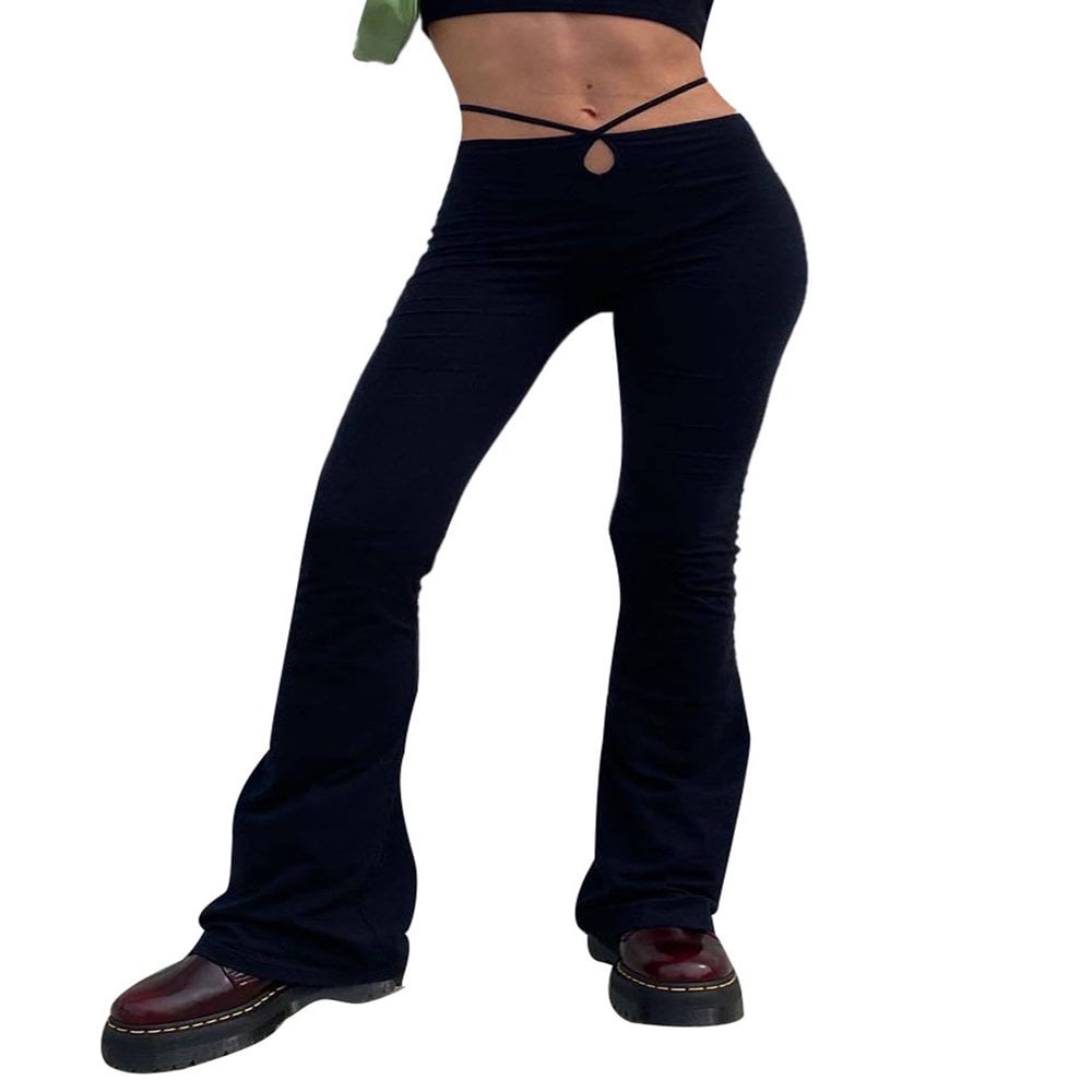 Women High Strappy Waisted Solid Wide Leg Flare Sweatpants Club Pants Walmart
