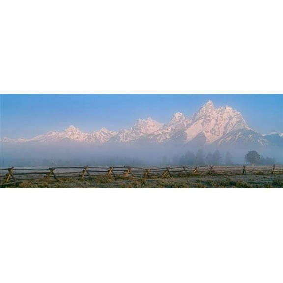 Fence in A Field with A Mountain Range in The Background At Sunrise Teton Range Grand Teton National Park Wyoming USA Poster Print - 6 x 18