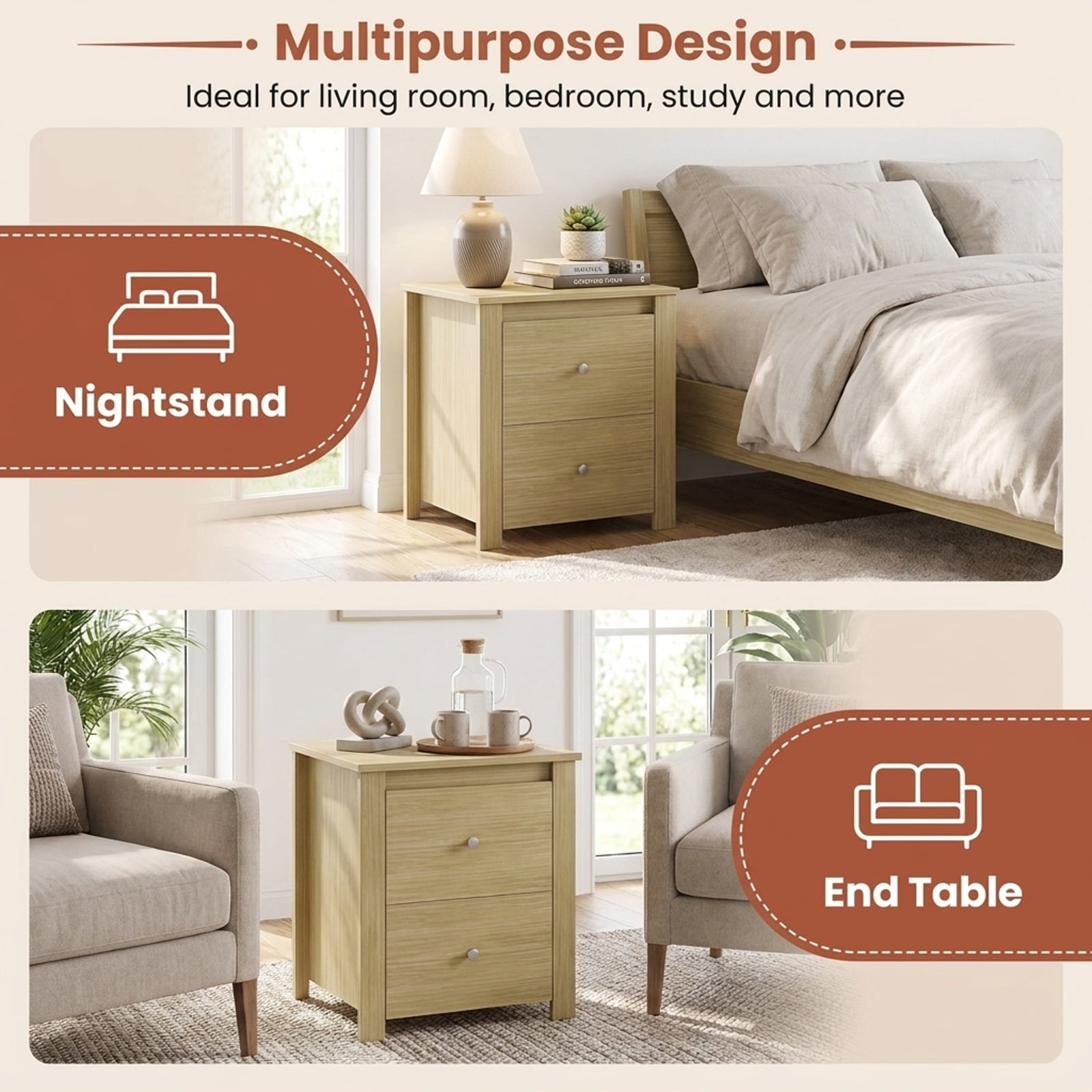 Furnibear Nightstand with 2 Drawers & Storage for Bedroom Living Room Small Spaces for Bedroom Living Room Bedside Sofa Side Small Space, Natural