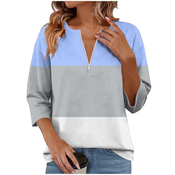 MaFYtyTPR Women 3/4 Sleeve Shirts Casual Fashion Half Zipper Printed Loose Comfortable T-shirt Spring And Summer 3/4 Sleeved Tops for Women Blue L