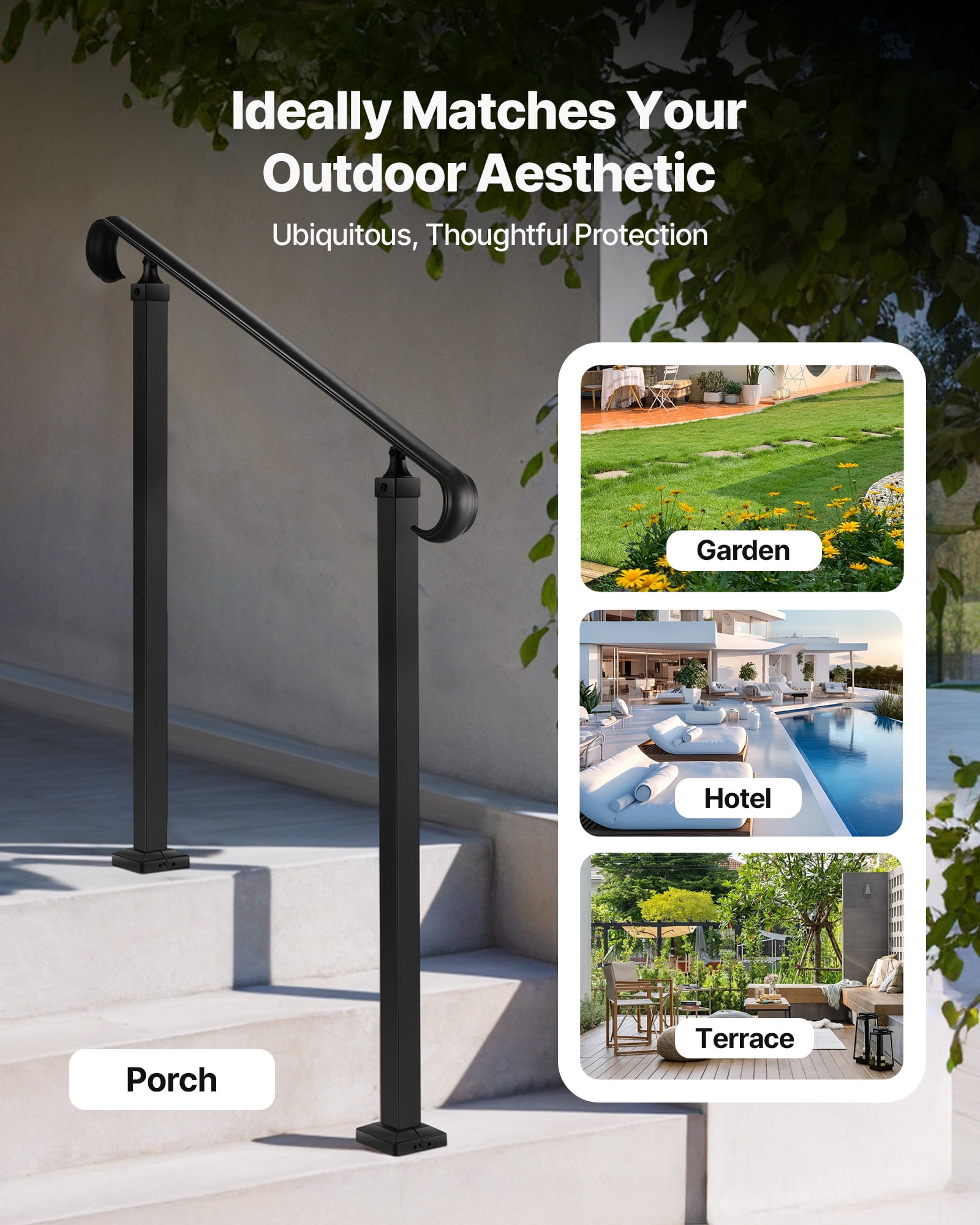 VEVOR Handrails for Outdoor Steps, 2-3 Step Adjustable Height, Carbon Steel Transitional Handrail with Installation Kit, Exterior Hand Railing for Steps, Concrete or Wooden Stairs, Porch, Matte Black