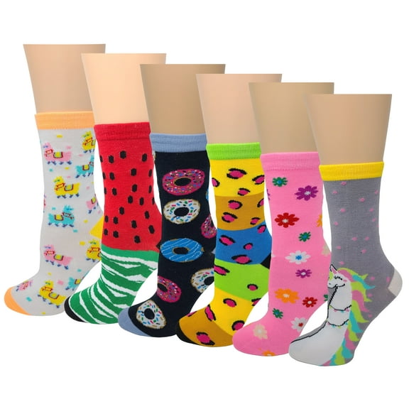 Sumona 6 Pairs Women Bright Colorful Assorted Fancy Design Novelty Crew Socks 9-11