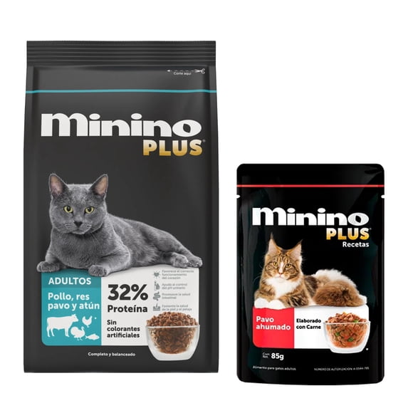 Minino Plus 10 Kg + Sobres Recetas Pavo Ahumado 85 g (24 Pzas)