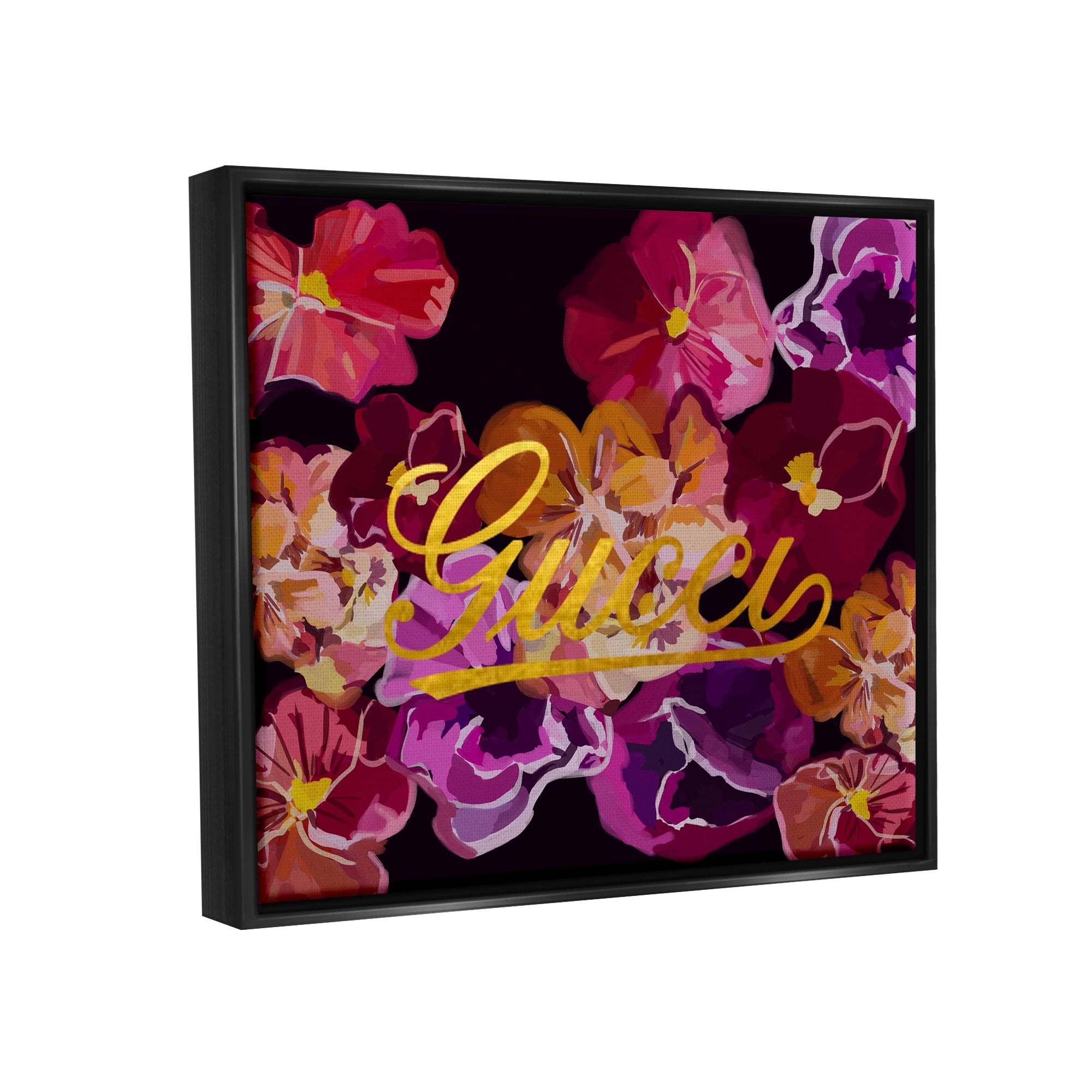 Stupell Industries Glam Brand Flower Pattern Botanical & Floral Painting Black Floater Framed Canvas Art Print Wall Art, 21 x 17