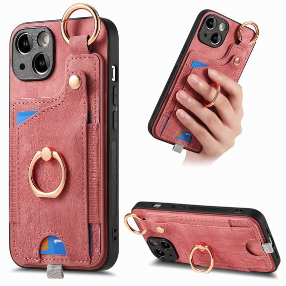 Wallet Case for iPhone 14, Support Car Mount, Luxury PU Leather Shockproof Anti-Fall 360° Finger Ring Stand Rotatable Kickstand Case with Magnetic Snap & Card Slots - Pink