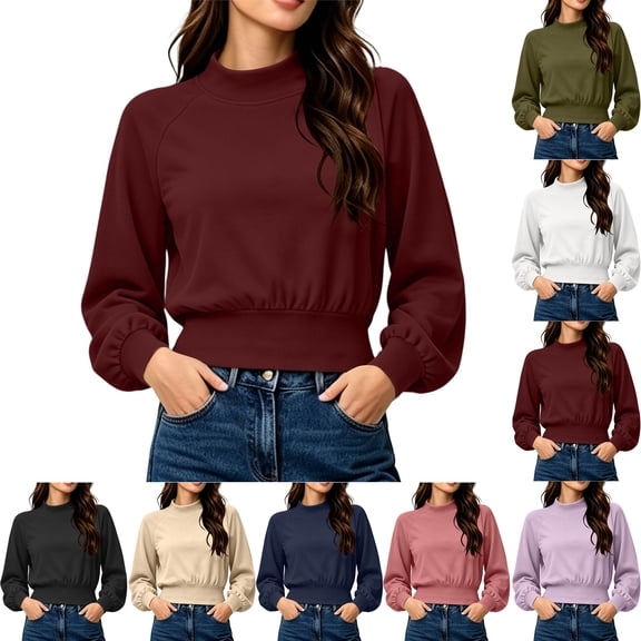 Elastic Waist Short Sweatshirts for Women,Mock Neck Long Sleeve,Casual Loose Cropped Pullover Top,Vacation Travel Outfit