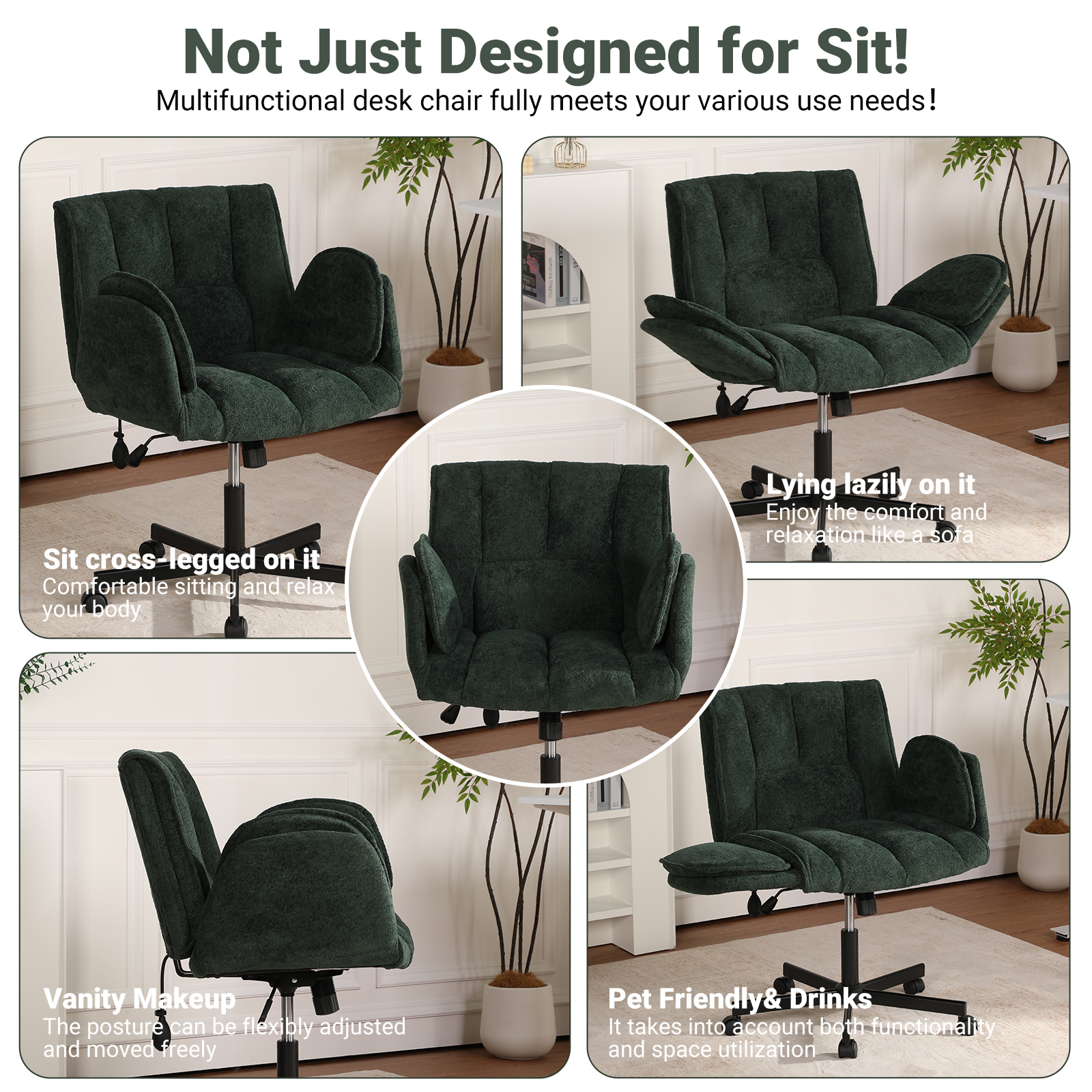 Criss Cross Office Chair with 6-Level Folding Arms and Wheels, Ergonomic Fabric Cross Legged Chair with Dynamic Lumbar Support, Plus Size Swivel Vanity Chair for Home Office, Living Room, Makeup
