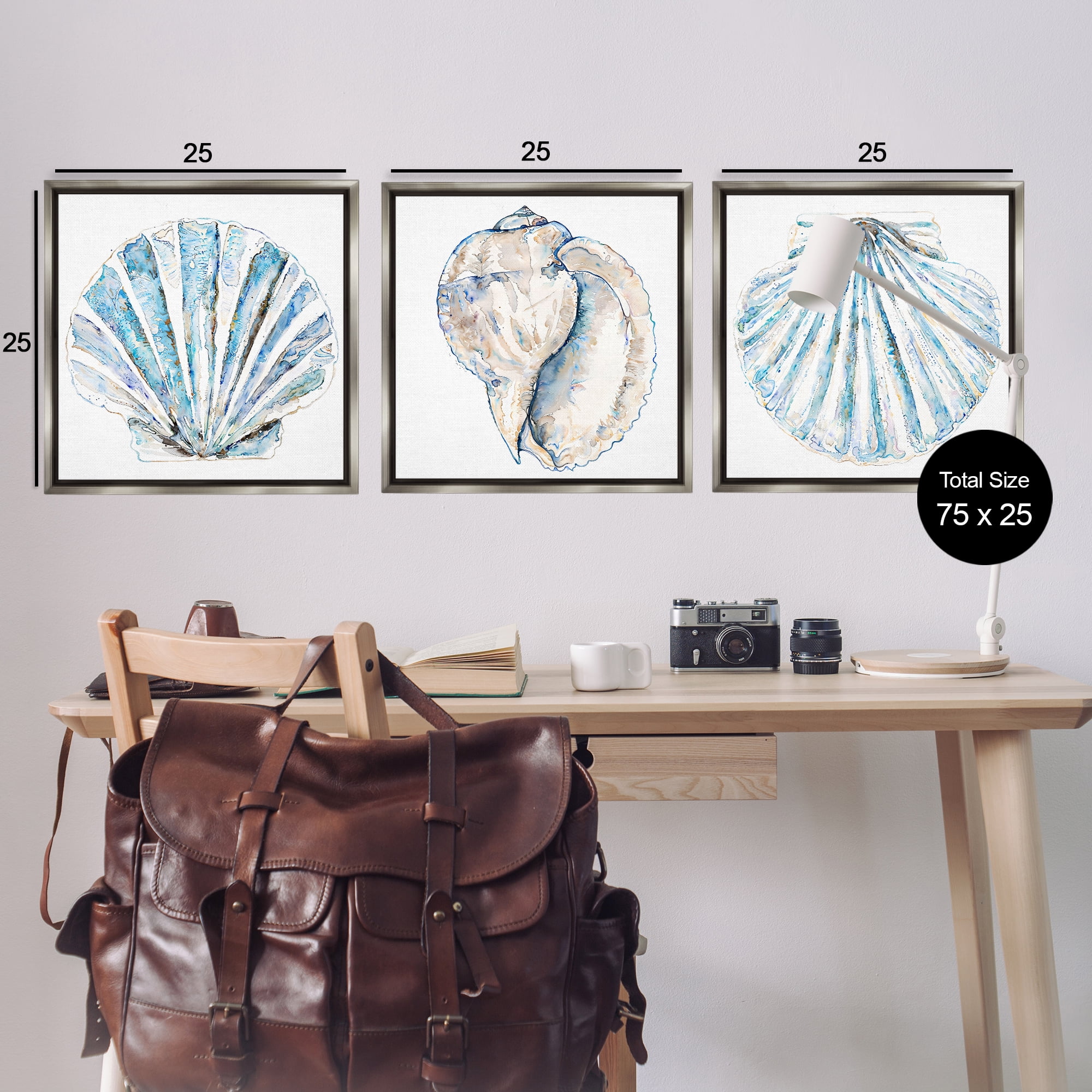 Stupell Industries Clam & Conch Watercolors Nautical & Beach Painting Gray Floater Framed Canvas Art Print Wall Art, 25 x 25, Set of 3