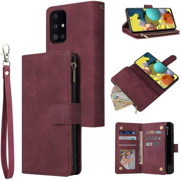 Wallet Case for Samsung Galaxy A52 4G/5G A52S 5G, Premium Vintage PU Leather Magnetic Closure Handbag Zipper Pocket Case Kickstand Card Slots with Wrist Strap Shockproof Flip Cover - Wine Red
