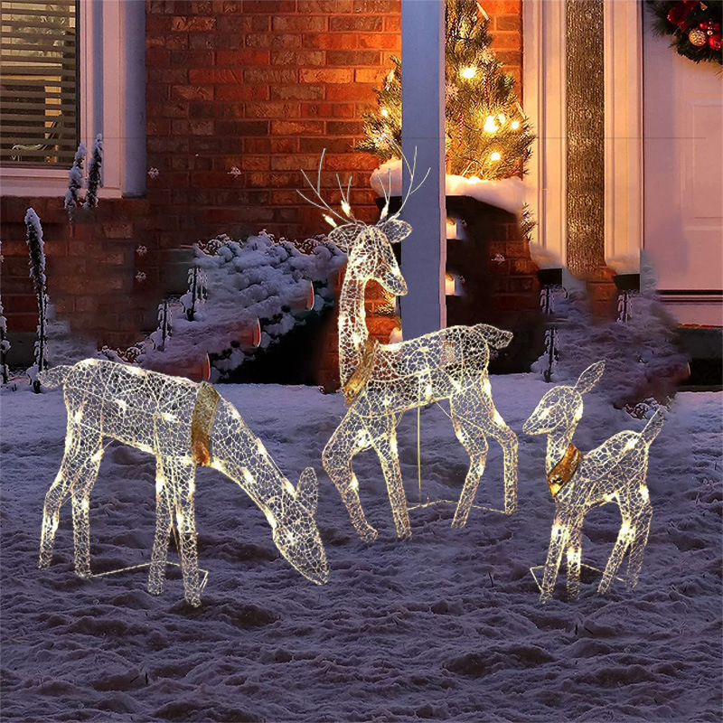 Set of 3 Lighted Deer Christmas Decorations, White Glittered Doe, Fawn