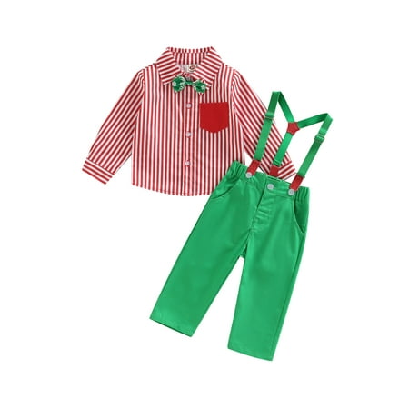

2pcs Toddler Baby Boy Gentleman Outfit Stripe Long Sleeve Shirts Tops with Bow-Tie + Suspender Trousers Xmas Clothes