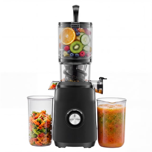 EDX Cold Press Slow Grinding Juicer, 200W, 4.25" 1000ML Wide Feed Chute, 80% Juice Yield for Apple & Ginger, 800ml Juice Cup, 700ml Pulp Cup, Whole Fruit & Veggie Compatible, 120V 60Hz, 72db, Black