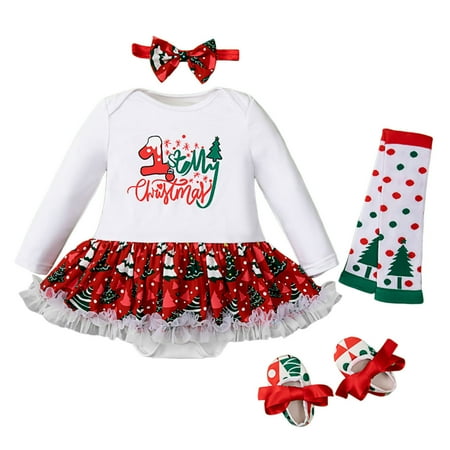 

Toddler Girls Christmas Printed Long Sleeve Romper Skirt With Headband Shoes Leg Sleeves 4PC Children s Suit Cute Baby Girl Clothes Baby Girl Winter Dresses Girls Christmas Dress