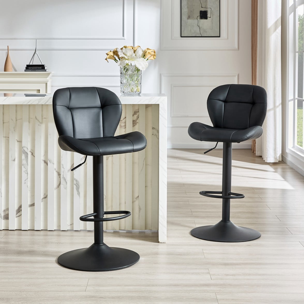 Set of 2 Adjustable Bar Stools, PU Tufted Counter Height Chairs with Metal Base & Footrest for Kitchen Island, Bar & Pub, Black