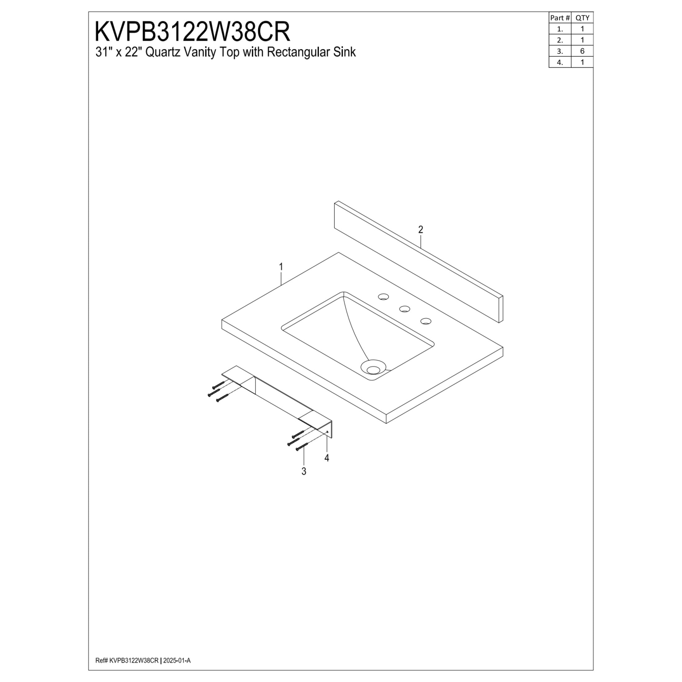 Kingston Brass KVPB3122W38CR Ferrara 31-Inch Carrara Quartz Vanity Top (8" Faucet Drillings) in Carrara Quartz White