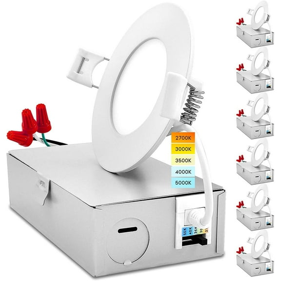 Luxrite 3 inch Ultra Thin LED Recessed Light with J-Box 8W 5 Color Selectable Dimmable 540 Lumens IC Rated 6-Pack