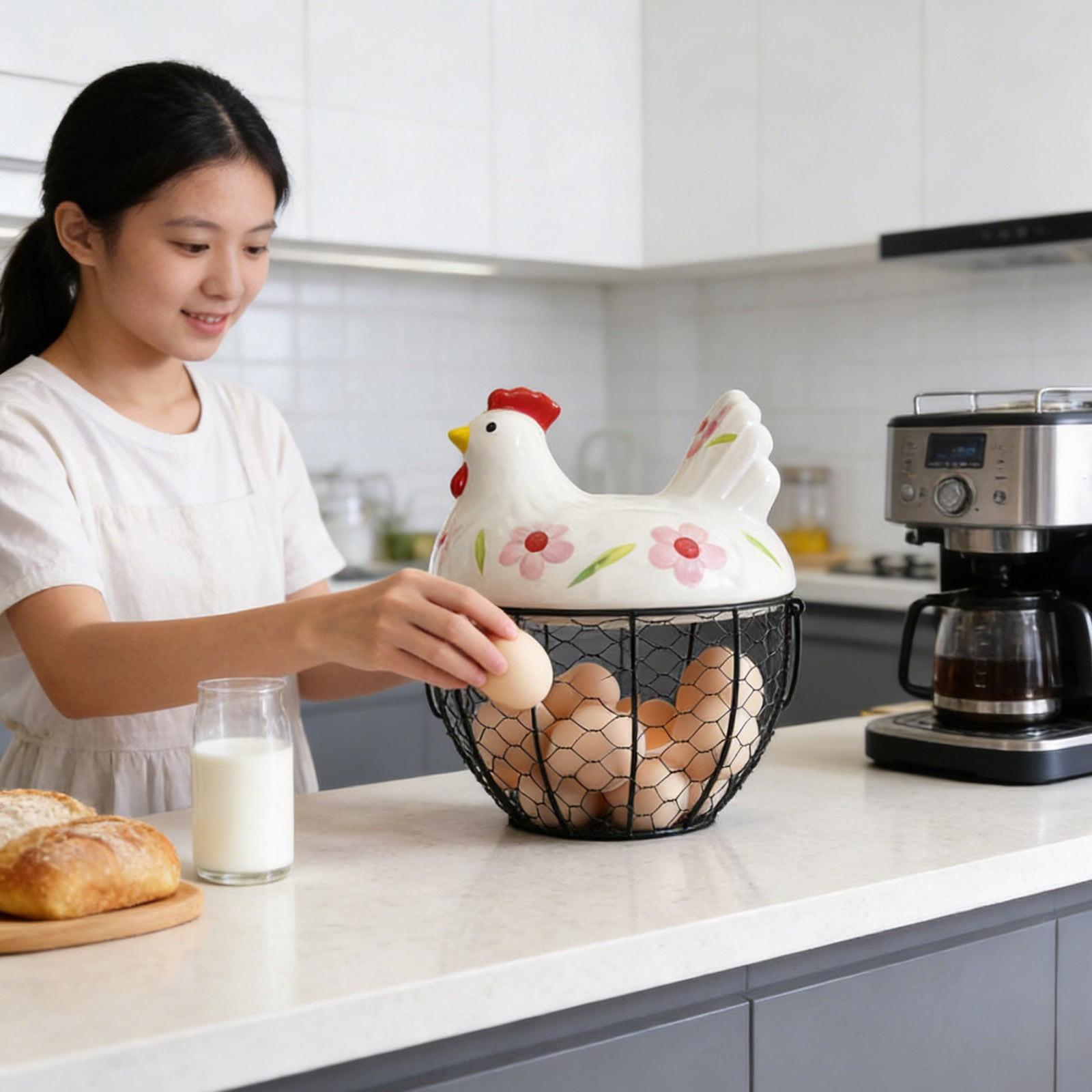 Farmhouse Egg Basket with Ceramic Lid, Black Wire Egg Holder for Fresh Eggs, Decorative Chicken Design Egg Storage Container, Kitchen Countertop Organizer Case for Eggs