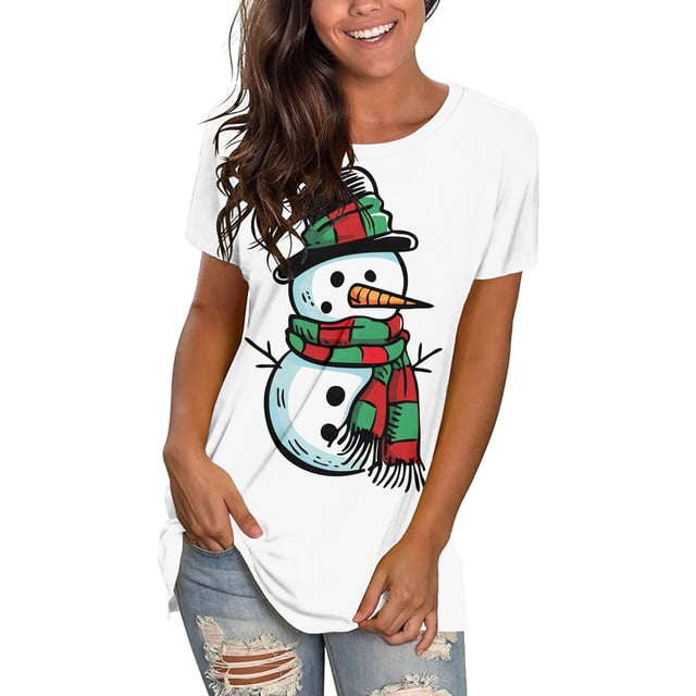 JFHHQ T-Shirt Non Transparent Femme T-Shirt Imprimé Festif de Vacances Doux Col Rond Manches Courtes Haut Décontracté Blouse m Blanc