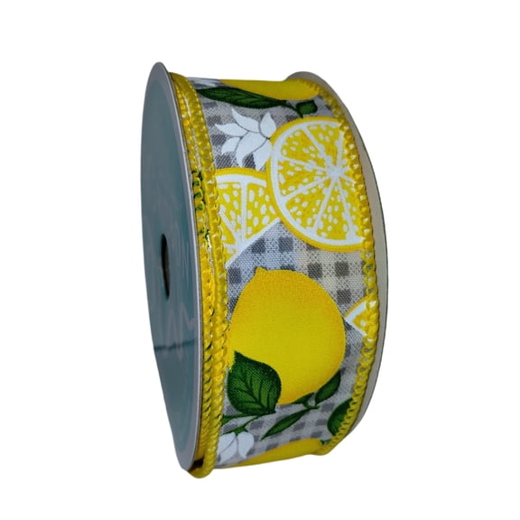 Lemon & Leaves Check Ribbon: Light Grey Summer Wired Ribbon