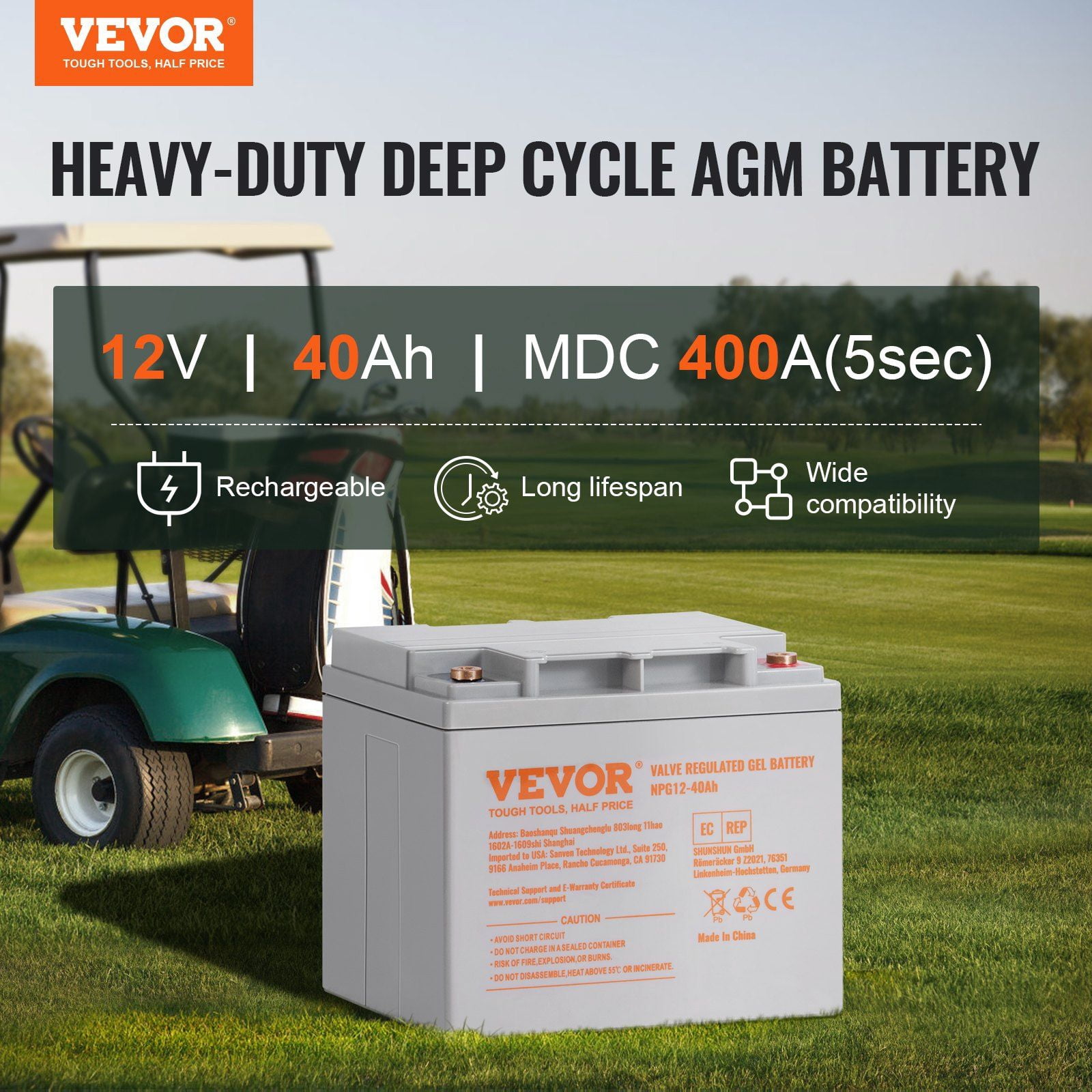 Marine Deep Cycle Battery 12V 40AH, AGM Rechargeable for Mobility Scooters, Go-Karts, UL Certified