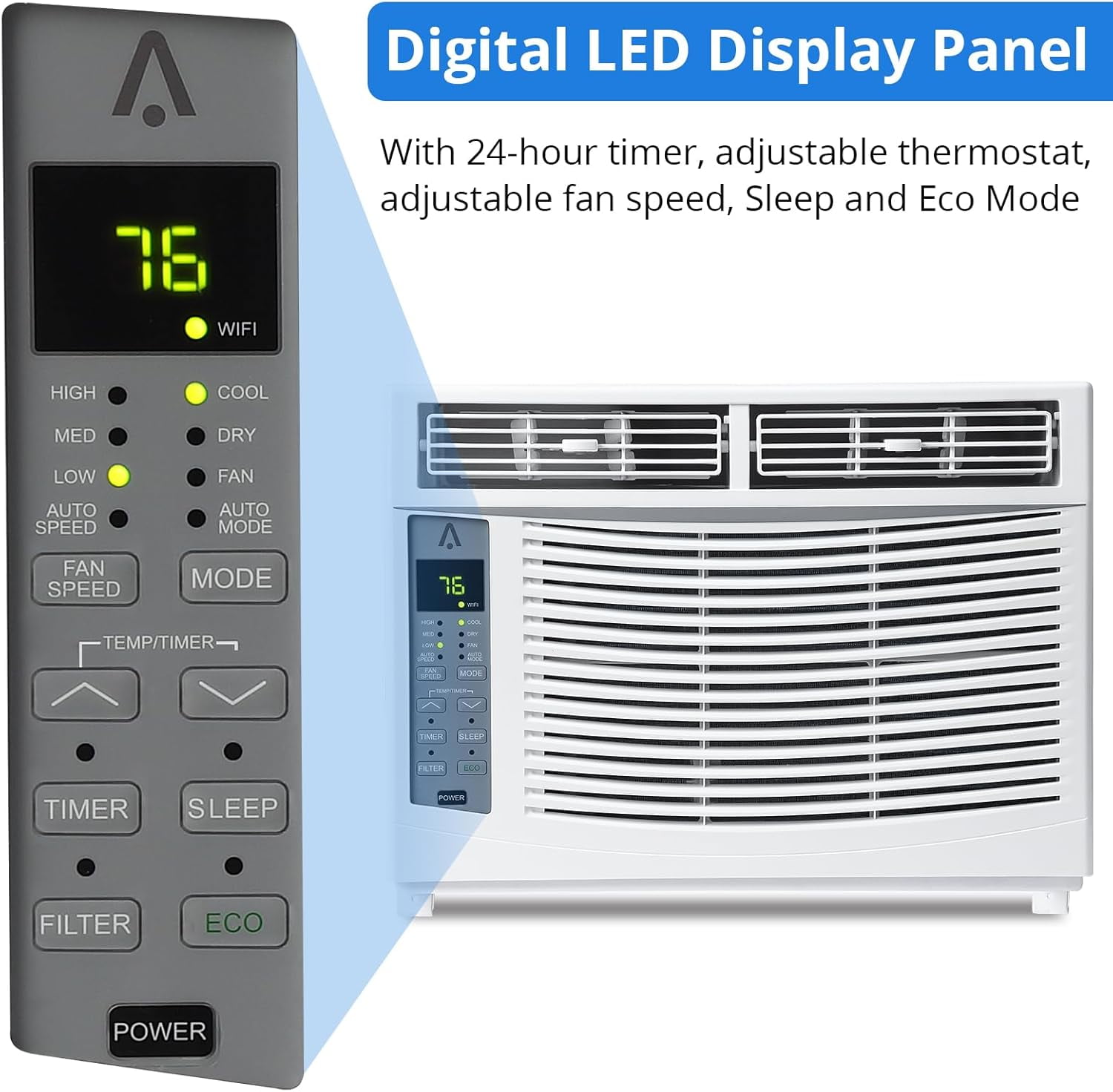 6000 BTU Window Air Conditioner, Quiet Cooling for Rooms Up to 350 Sq. Ft., 3 Fan Speeds, Sleep Mode, 24H Timer, Auto Restart, Energy-Saving Window AC Unit with Remote Control, Easy Installation