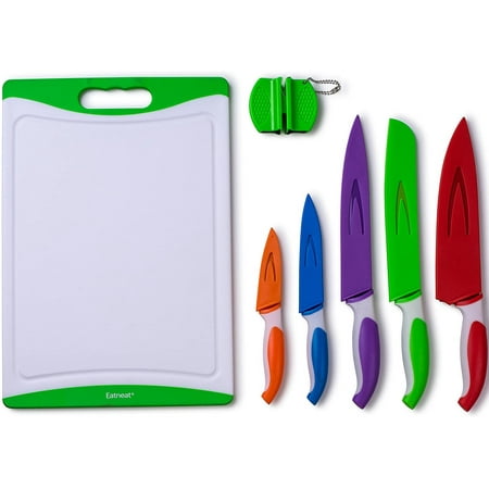 

EatNeat 12-Piece Colored Sharp Knife Set: 5 Stainless Steel Kitchen Knives with Covers Cutting Board and Sharpener