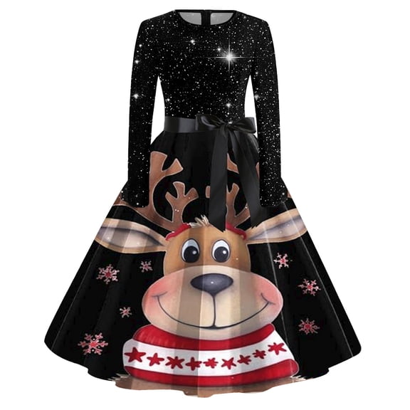 XIAOCHA Womens Christmas Print Swing Dress Long Sleeve Belted Vintage Party Gown