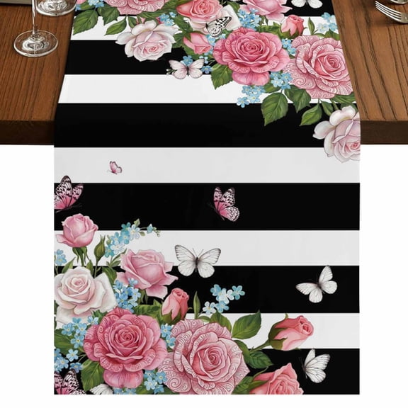 Table Runners 90 Inches Long Dress Scarves, Pink Flowers Farmhouse Coffee/Dining/Kitchen Table Runner for Living Room, Spring Floral Butterflies Black White Striped Farmhouse 13x90 Inch