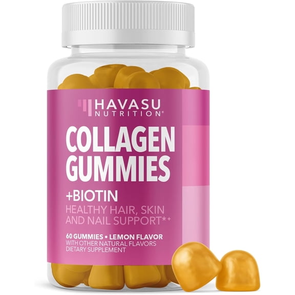 Havasu Nutrition Collagen Gummies with Biotin for Hair, Nails, & Skin, Lemon Flavor, 60 Count