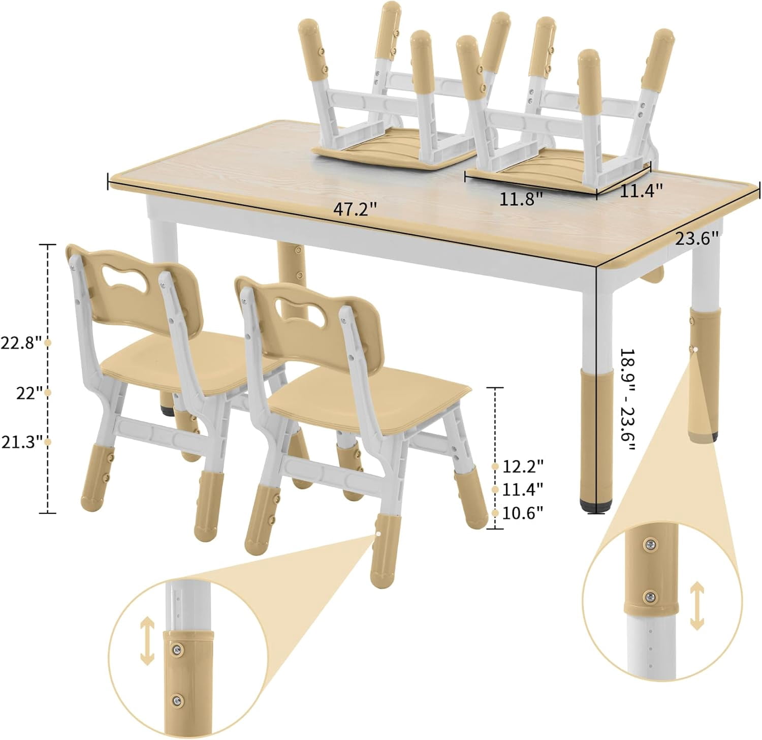 AINUO Toddler Table and Chairs Set of 4, 47.2"L x 23.6"W Height Adjustable Kids Study Activity Table with Graffiti Desktop, Ideal for Home, Daycare, Classroom