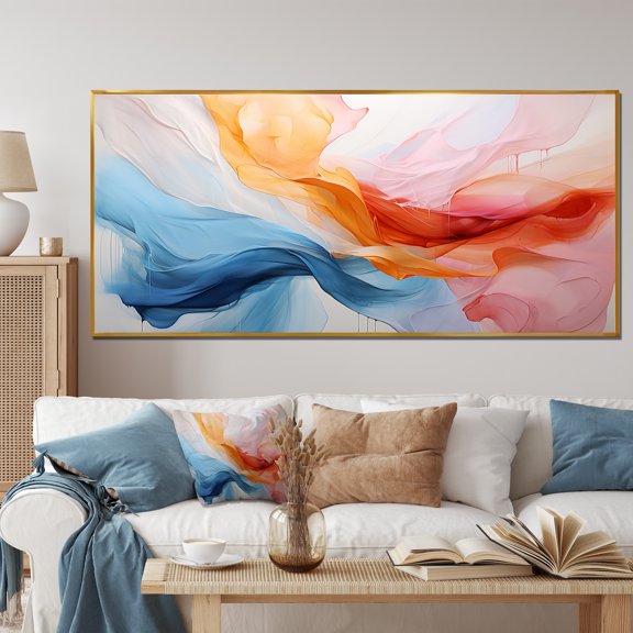Designart "Soothing Swirls Pink and Blue Symphony I" Extra Large Abstract Framed Wall Art - Modern Pink Abstract Painting Living Room Framed Canvas Art