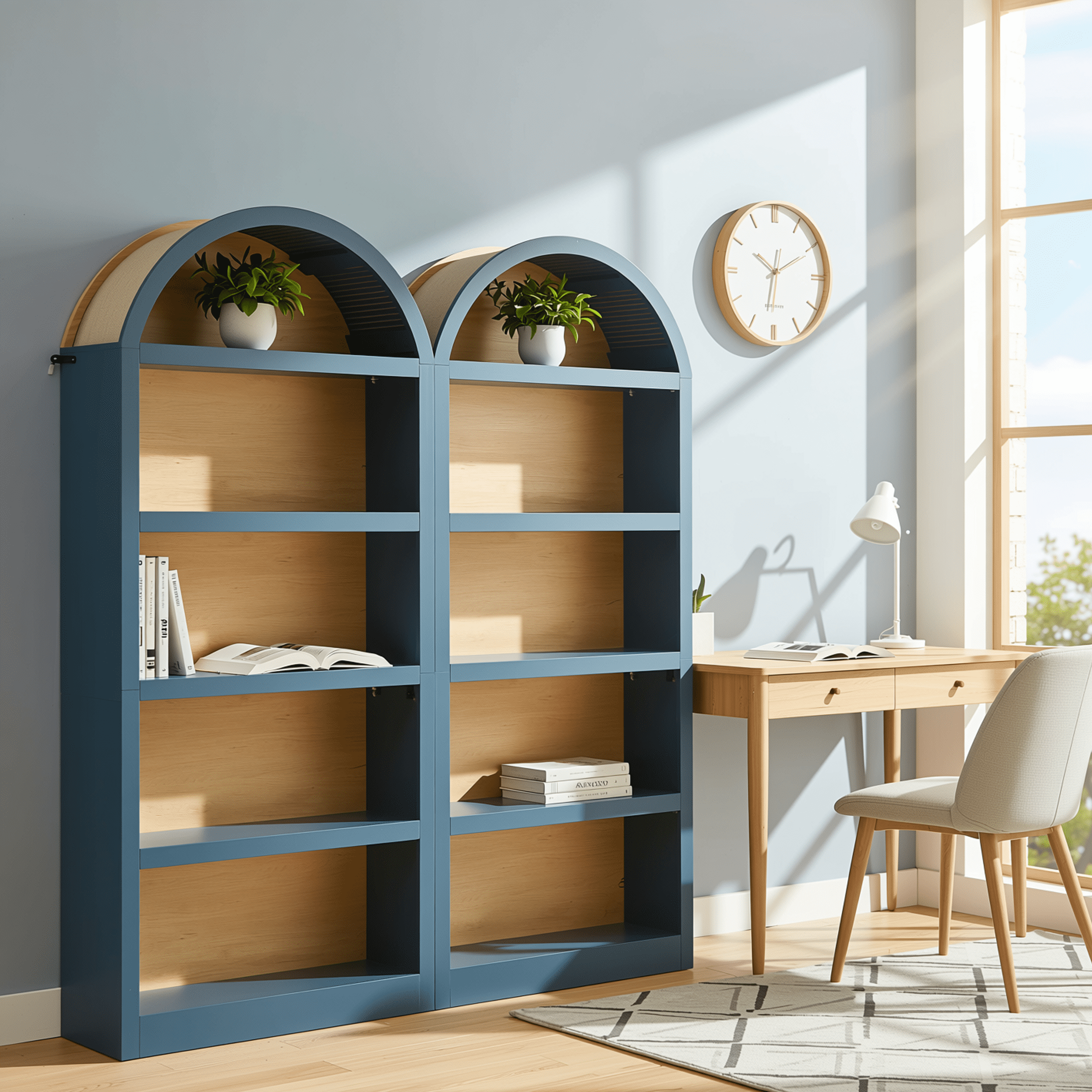 Homy Casa 69" Arched Bookcase Set of 2, Two-Tone 4-Shelf Open Bookshelves for Living Room, Navy Blue