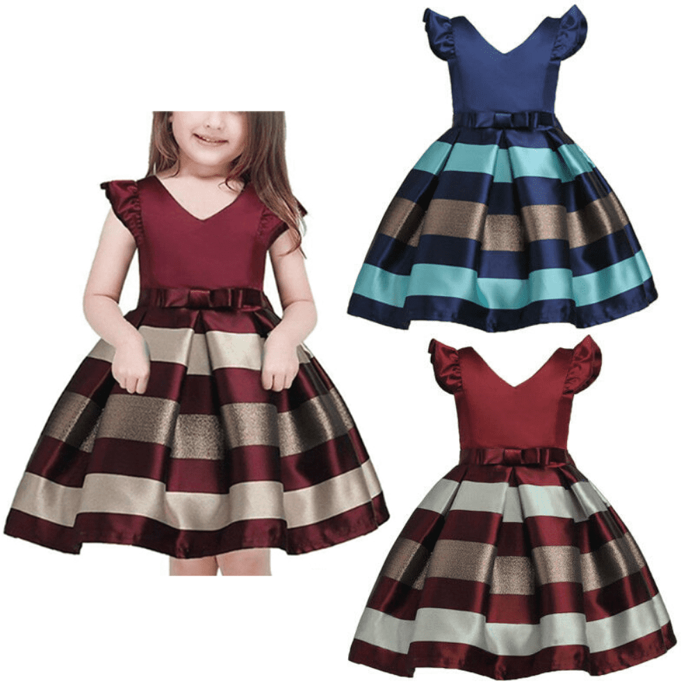 Kids Baby Girl Bowknot Striped Wedding Bridesmaid Pageant Princess Party Dresses