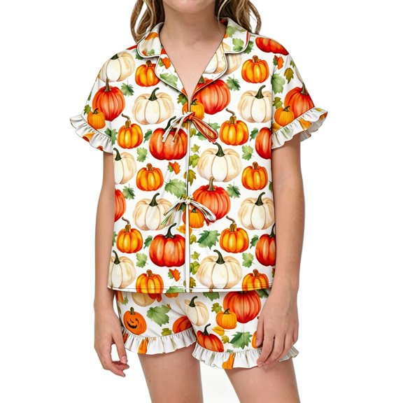 Likimi Child Girls Halloween Pajamas Set With Ruffles Short Sleeve Hallowmas Pumpkin Print Lapel Pjs Tops With Shorts For Party Fashionable Homewear Set Size 3-4 Years