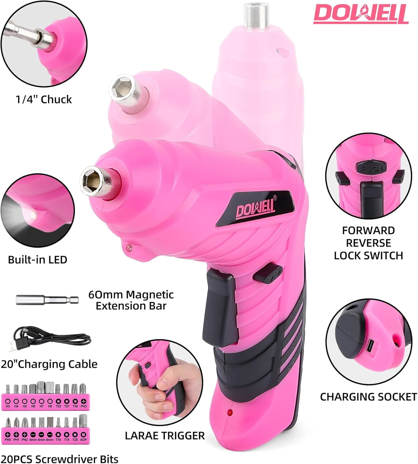 DOWELL 143-Piece Pink Homeowner Tool Set with 3.6V Cordless Screwdriver, Household Hand Tool Kit