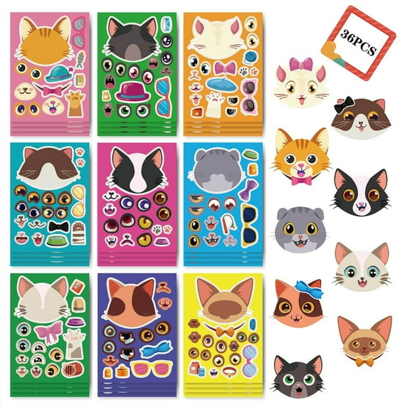 ZPAQI 36Pcs Make Your Own Cats Stickers Kid Birthday Party Game Supplies Cute Crafts