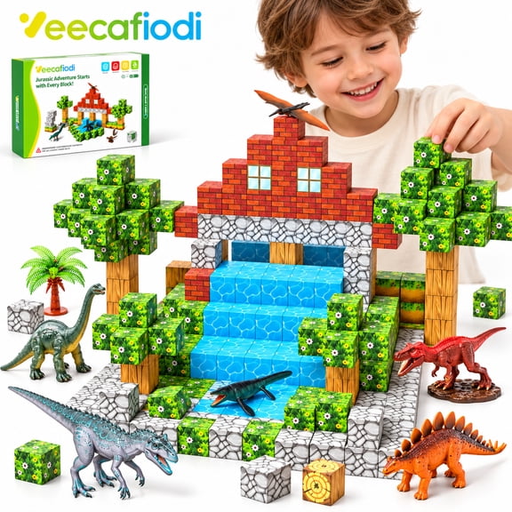 108 Pcs Magnetic Blocks with Dinosaurs for 3-8 Year Old Boys and Girls, Magnetic Building Cubes, STEM Construction Toy Set, Birthday Christmas Gift