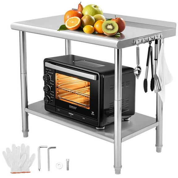 Towallmark Stainless Steel Table, 36x24 Inch Metal Prep Table With Adjustable Undershelf & Backsplash, Heavy Duty Worktable With Hooks, Commercial Kitchen Workbench For Restaurant, Home