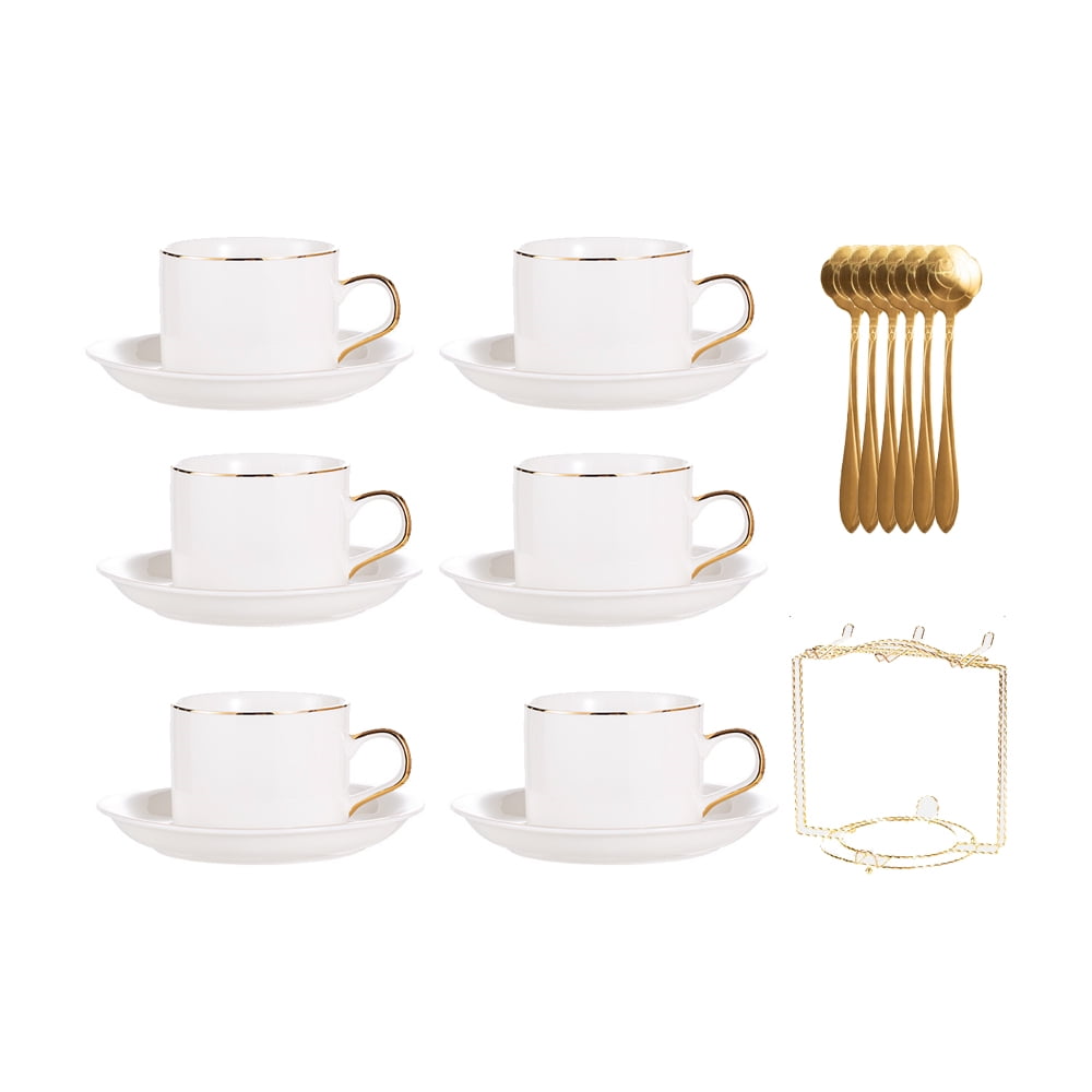 20 Pcs Ceramic Coffee Mugs Set, Luxury British Style Tea Cup Set - 6 Cups/3 fl.oz, 6 Saucers, 6 Spoons, 1 Tea Pot/15 fl.oz, 1 Stand Rack, Gold, S