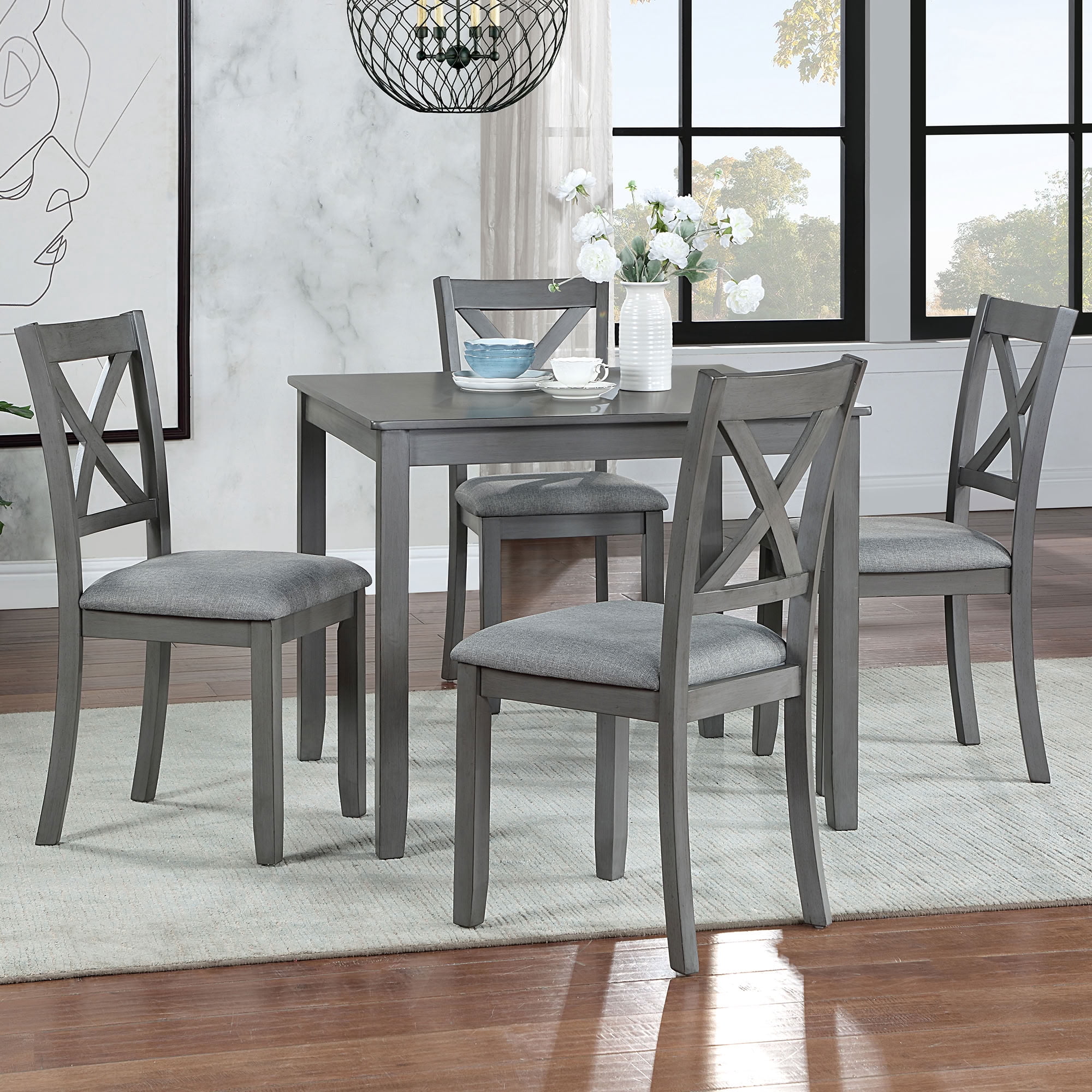 MAYEERTY 5-Piece Wooden Dining Table and Chairs Set for 4, Upholstered Dining Set with Water-Oil Resistant Tabletop for Kitchen Dining Room