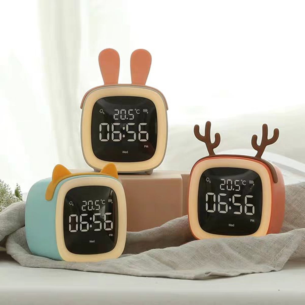 Waroomhouse Cartoon Rabbit Ear Shape Rechargeable Digital Display LED Nigh Light Alarm Clock