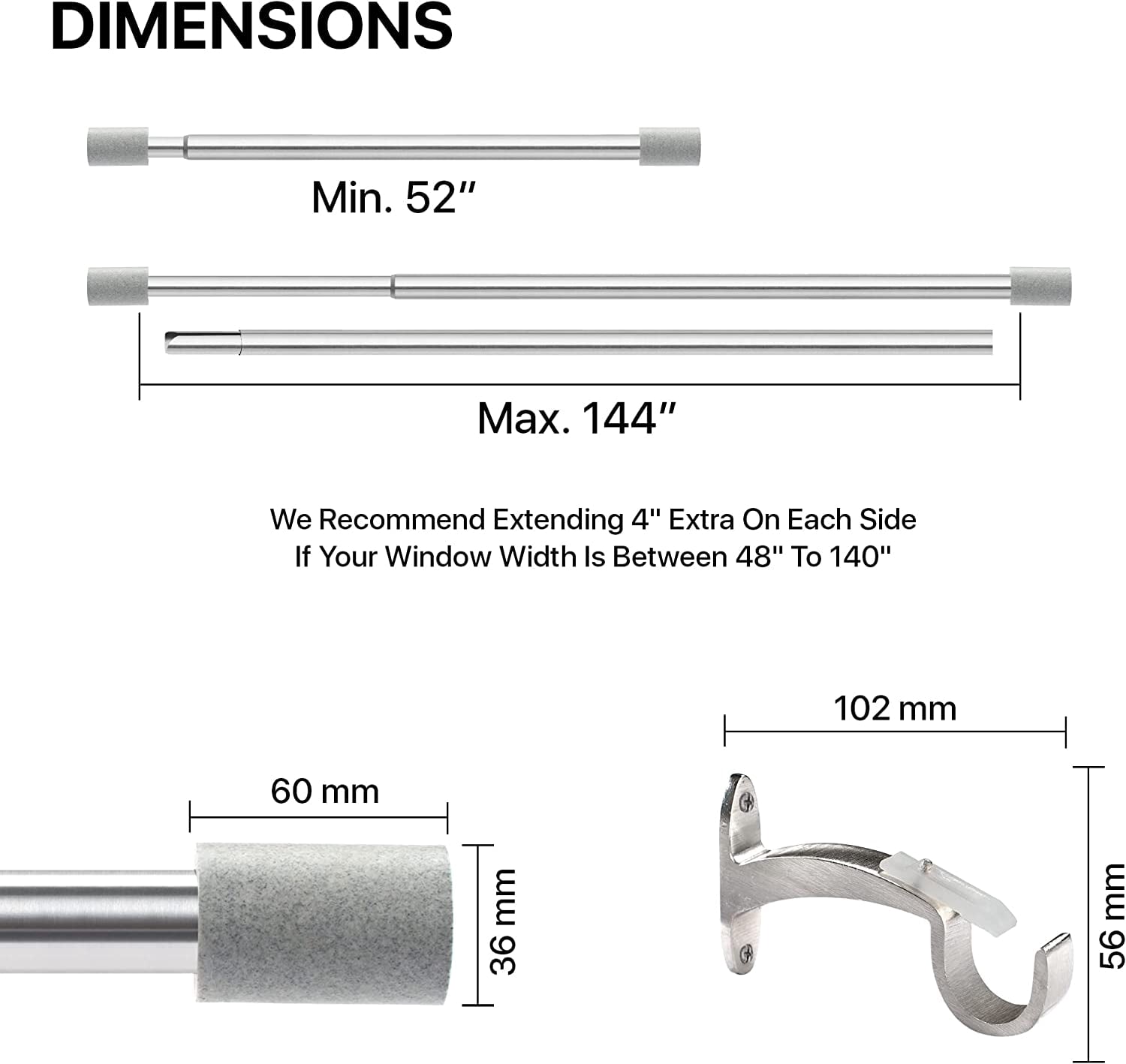 Deco Window 52 -144 Extendable Curtain Rod with Brackets for Windows with Cylinder Marble Finials (25mm Diameter, Satin Silver)